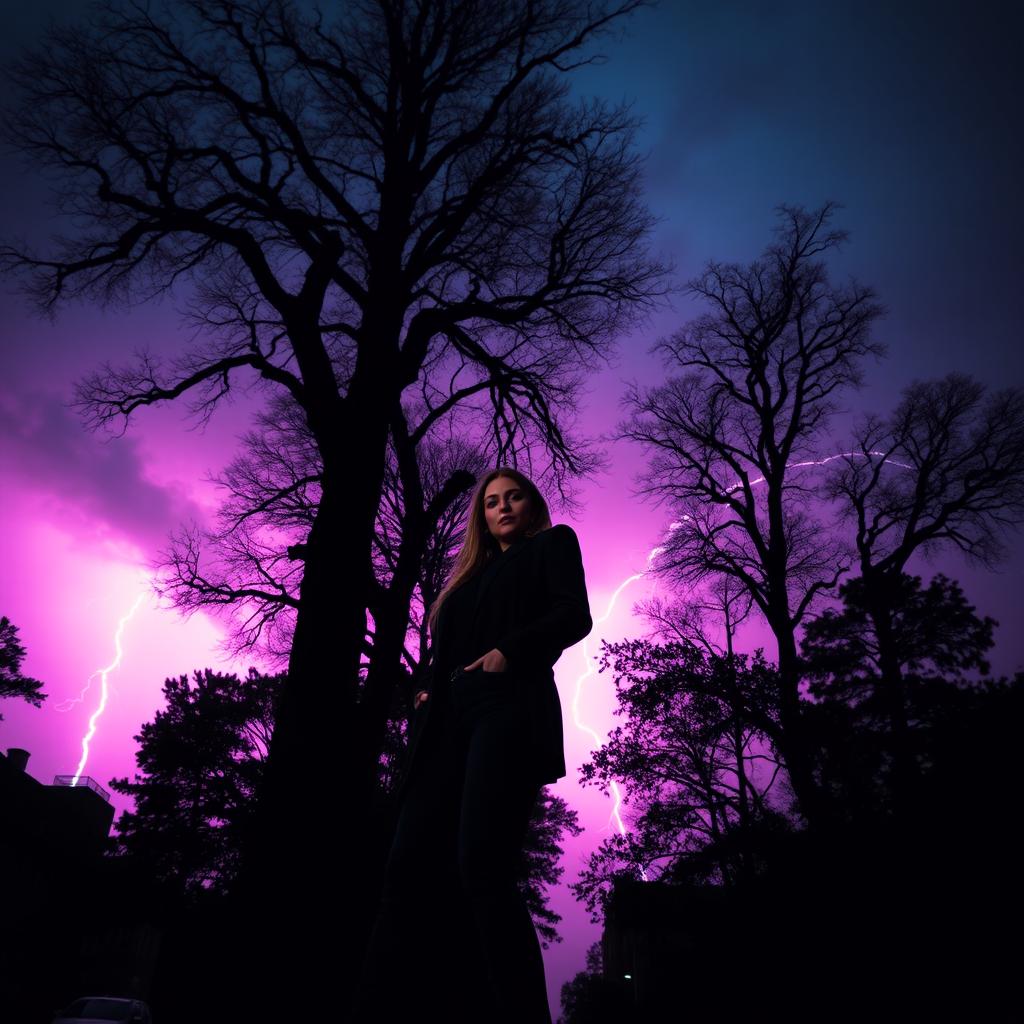 A dark, moody scene set in New York City featuring tall trees casting shadows against a stormy sky