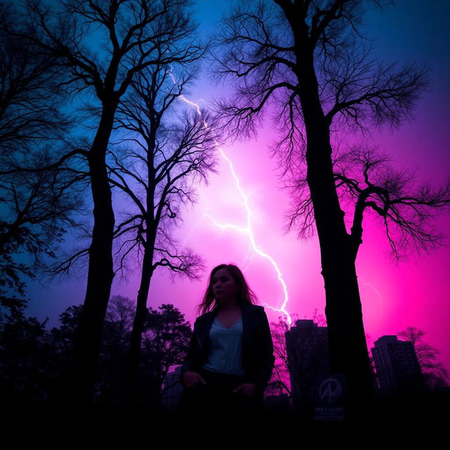 A dark, moody scene set in New York City featuring tall trees casting shadows against a stormy sky