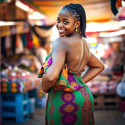 A confident African woman with a curvaceous figure, prominently featuring her shapely backside