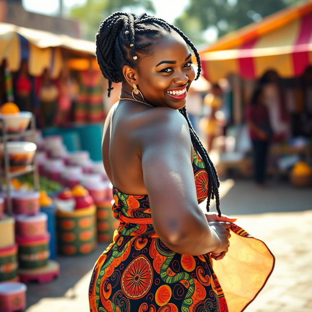 A confident African woman with a curvaceous figure, prominently featuring her shapely backside