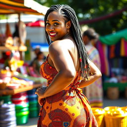 A confident African woman with a curvaceous figure, prominently featuring her shapely backside