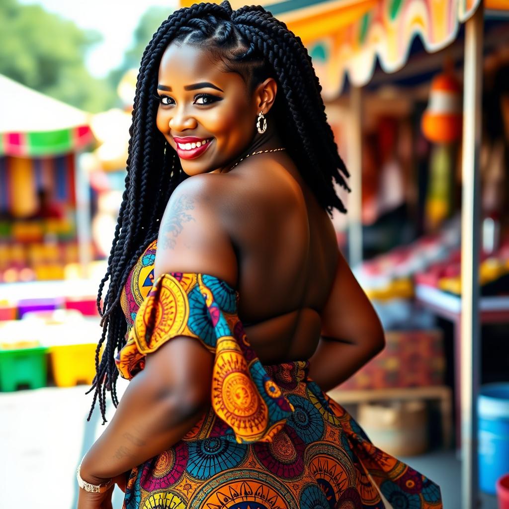 A confident African woman with a curvaceous figure, prominently featuring her shapely backside