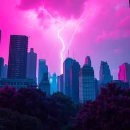 A vibrant cityscape of New York, featuring tall buildings surrounded by lush trees