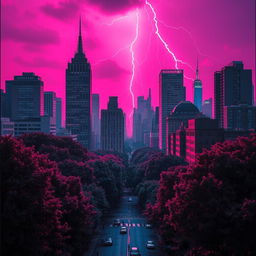 A vibrant cityscape of New York, featuring tall buildings surrounded by lush trees