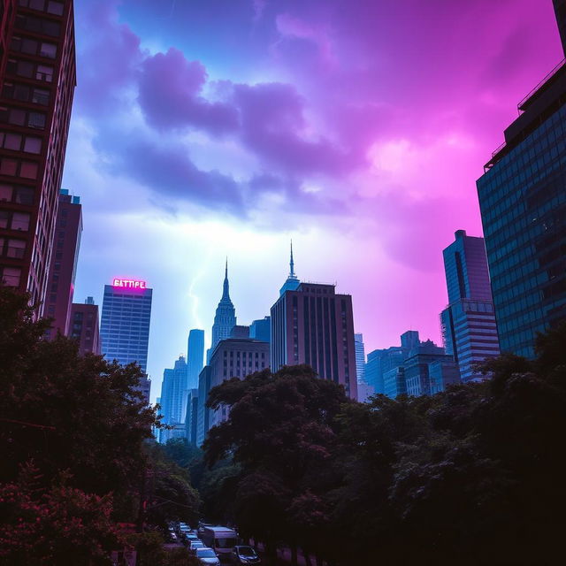 A vibrant cityscape of New York, featuring tall buildings surrounded by lush trees