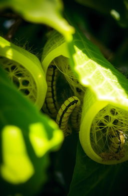 A close-up view of caterpillars inside their silk cocoons, surrounded by lush green leaves