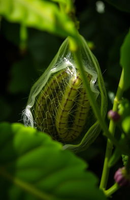 A close-up view of caterpillars inside their silk cocoons, surrounded by lush green leaves