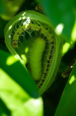 A close-up view of caterpillars inside their silk cocoons, surrounded by lush green leaves