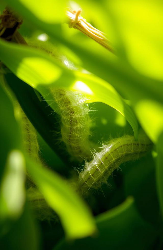 A close-up view of caterpillars inside their silk cocoons, surrounded by lush green leaves