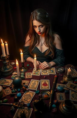 A mystical scene featuring a witch in a stunning black dress, elegantly draped, sitting at a table overflowing with magical instruments
