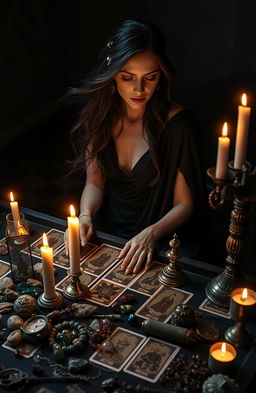 A mystical scene featuring a witch in a stunning black dress, elegantly draped, sitting at a table overflowing with magical instruments