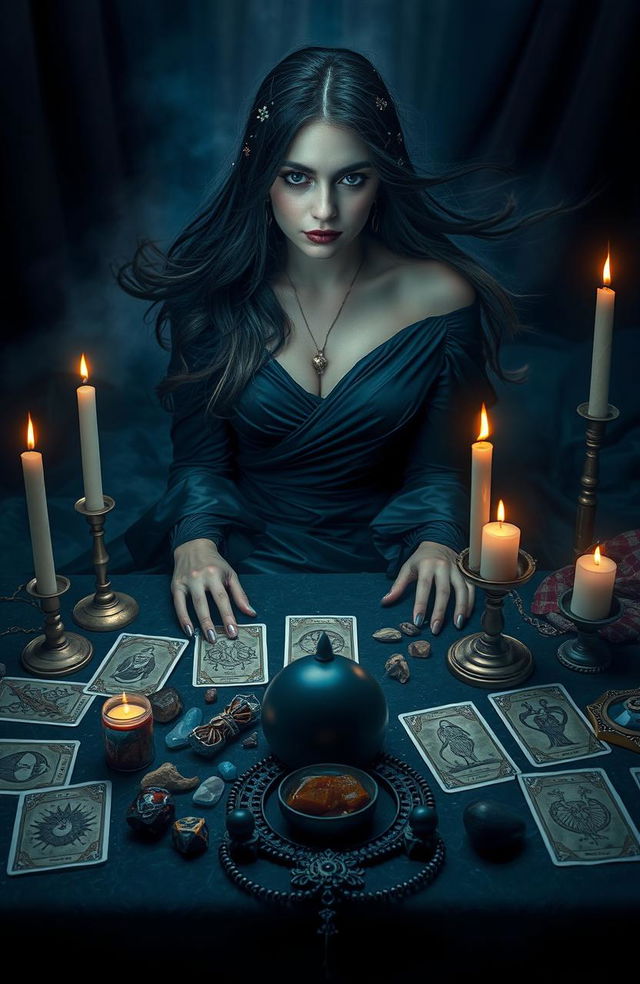 A mystical scene featuring a witch in a stunning black dress, elegantly draped, sitting at a table overflowing with magical instruments