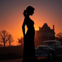 A striking silhouette of a woman against a warm sunset background, featuring an elegant mansion in the distance, and a classic vintage car parked nearby