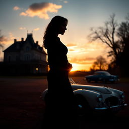 A striking silhouette of a woman against a warm sunset background, featuring an elegant mansion in the distance, and a classic vintage car parked nearby