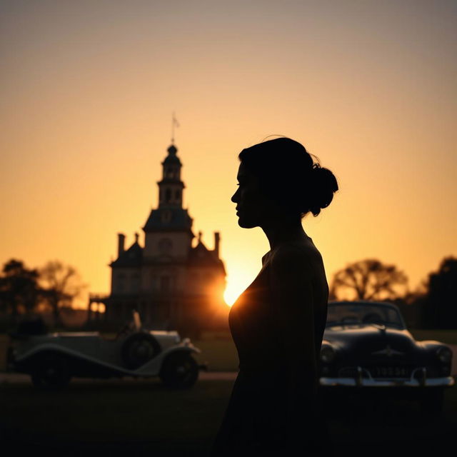 A striking silhouette of a woman against a warm sunset background, featuring an elegant mansion in the distance, and a classic vintage car parked nearby