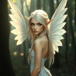 A slender fae queen with pointed ears, possessing very light blonde hair cascading down her shoulders