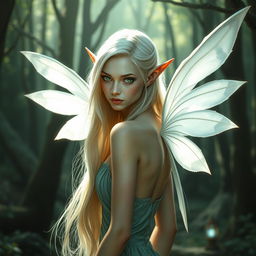 A slender fae queen with pointed ears, possessing very light blonde hair cascading down her shoulders
