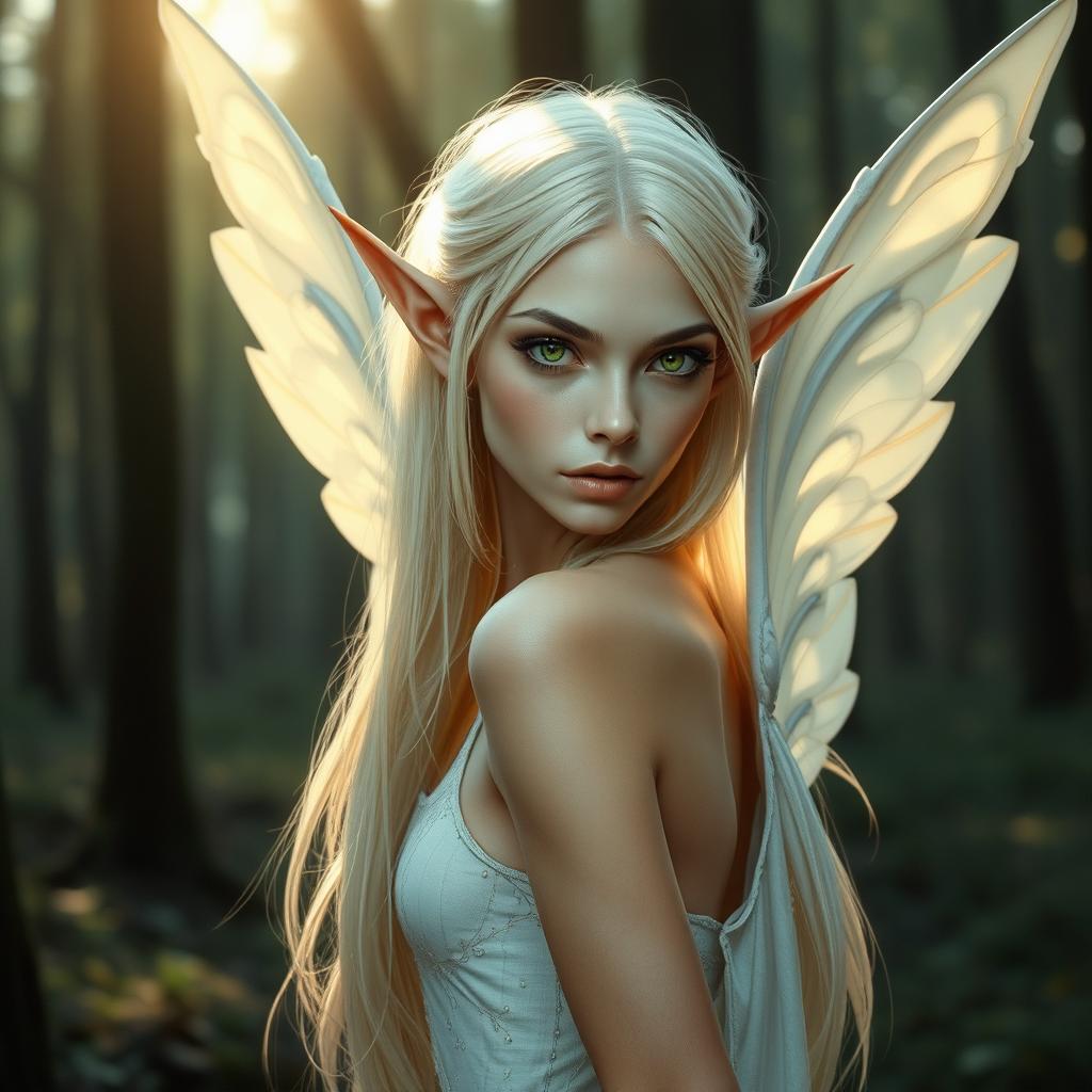 A slender fae queen with pointed ears, possessing very light blonde hair cascading down her shoulders