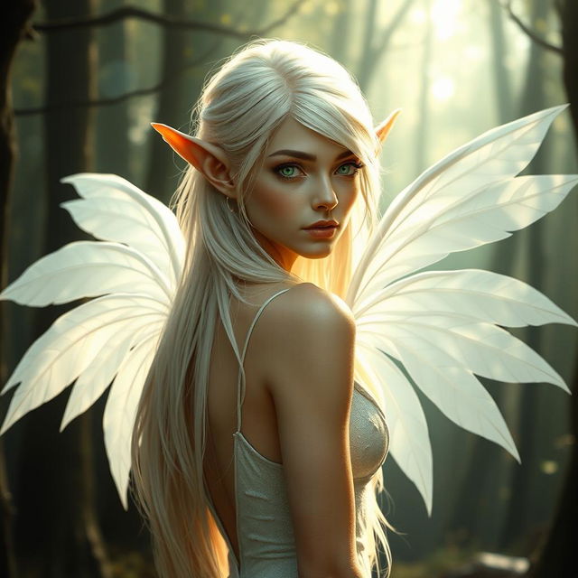 A slender fae queen with pointed ears, possessing very light blonde hair cascading down her shoulders