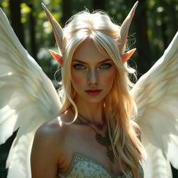 A slender fae queen in her mid-40s with graceful pointed ears, showcasing very light blonde hair that flows elegantly around her shoulders
