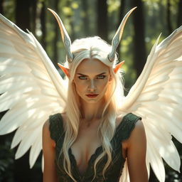 A slender fae queen in her mid-40s with graceful pointed ears, showcasing very light blonde hair that flows elegantly around her shoulders