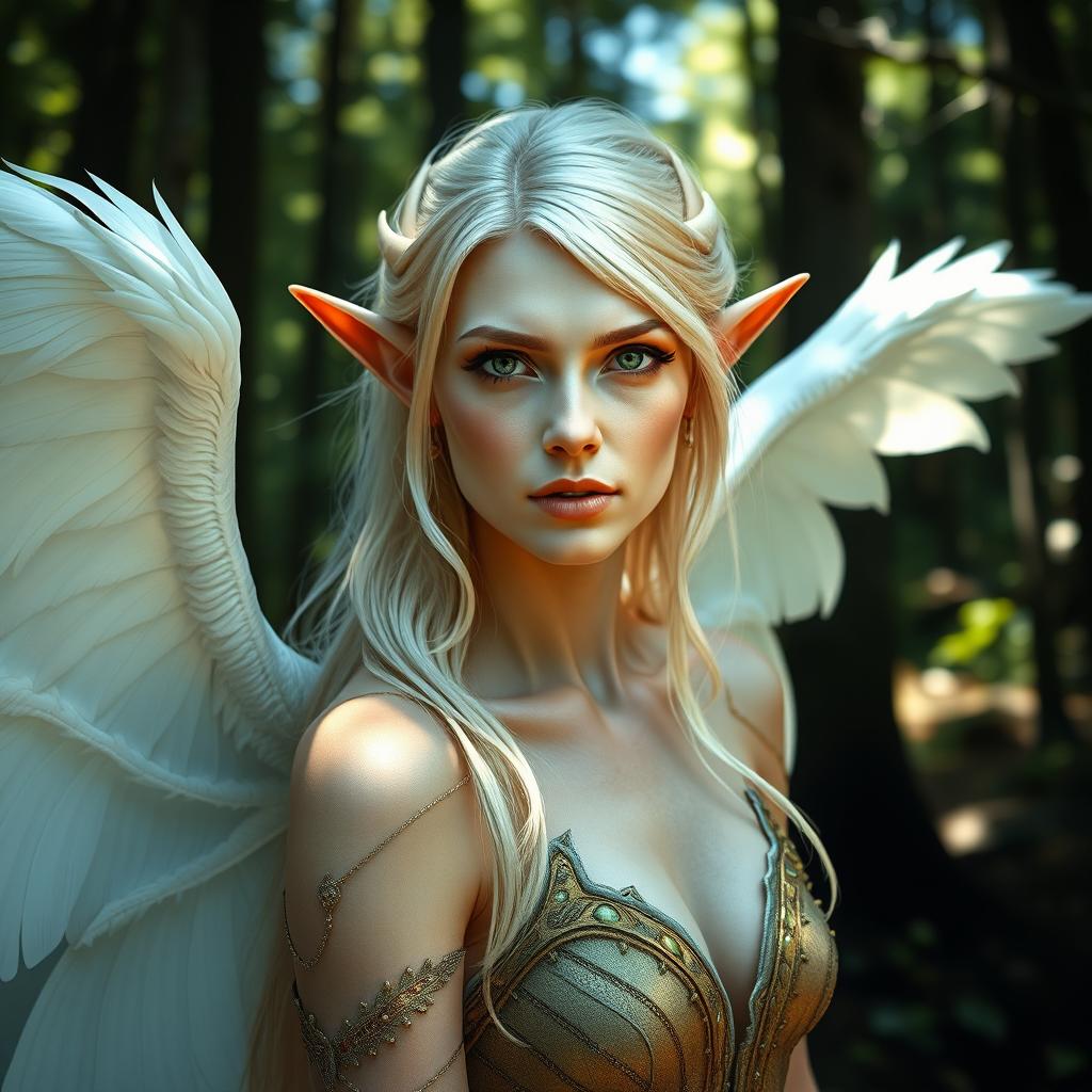 A slender fae queen in her mid-40s with graceful pointed ears, showcasing very light blonde hair that flows elegantly around her shoulders