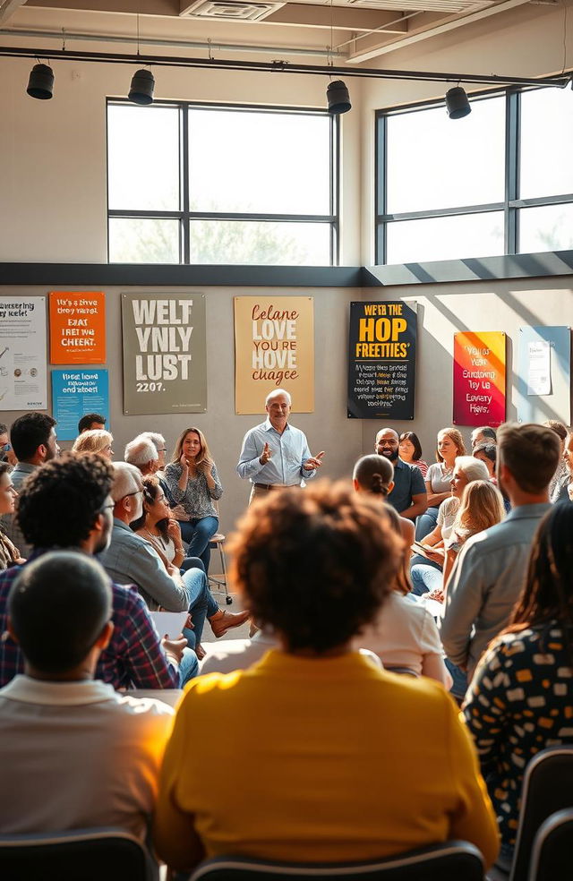 An inspiring scene depicting a diverse group of individuals, each representing different ages, races, and backgrounds, gathered in a bright, motivational seminar room