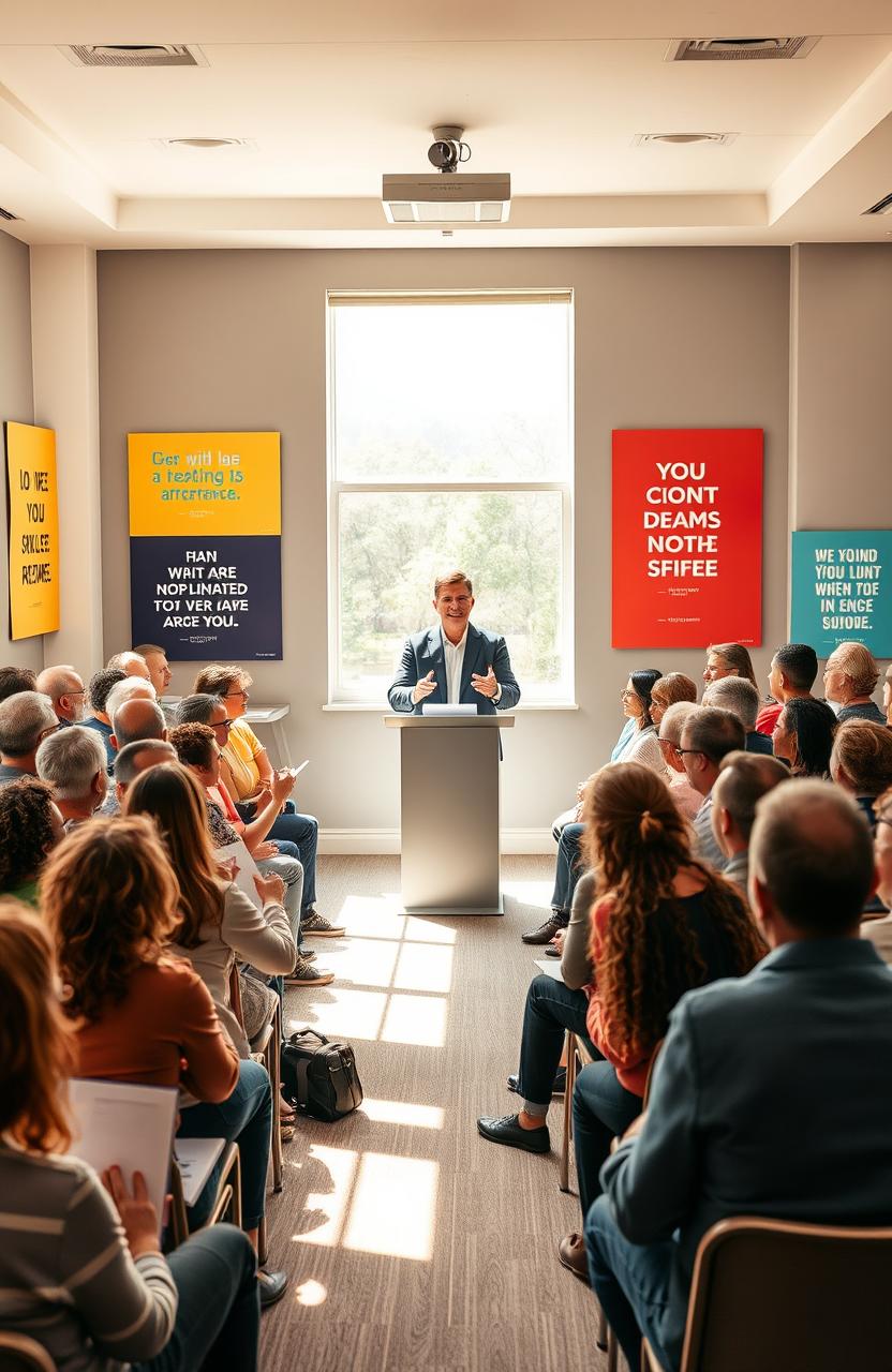 An inspiring scene depicting a diverse group of individuals, each representing different ages, races, and backgrounds, gathered in a bright, motivational seminar room