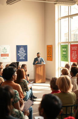 An inspiring scene depicting a diverse group of individuals, each representing different ages, races, and backgrounds, gathered in a bright, motivational seminar room