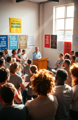 An inspiring scene depicting a diverse group of individuals, each representing different ages, races, and backgrounds, gathered in a bright, motivational seminar room