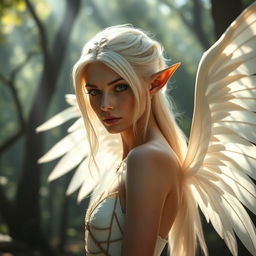 A slender fae queen who appears to be 50 years old, featuring elegant pointed ears and very light blonde hair that elegantly frames her face