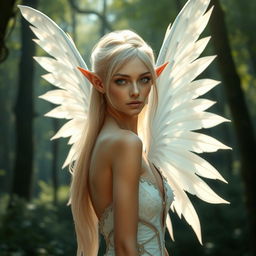 A slender fae queen who appears to be 50 years old, featuring elegant pointed ears and very light blonde hair that elegantly frames her face