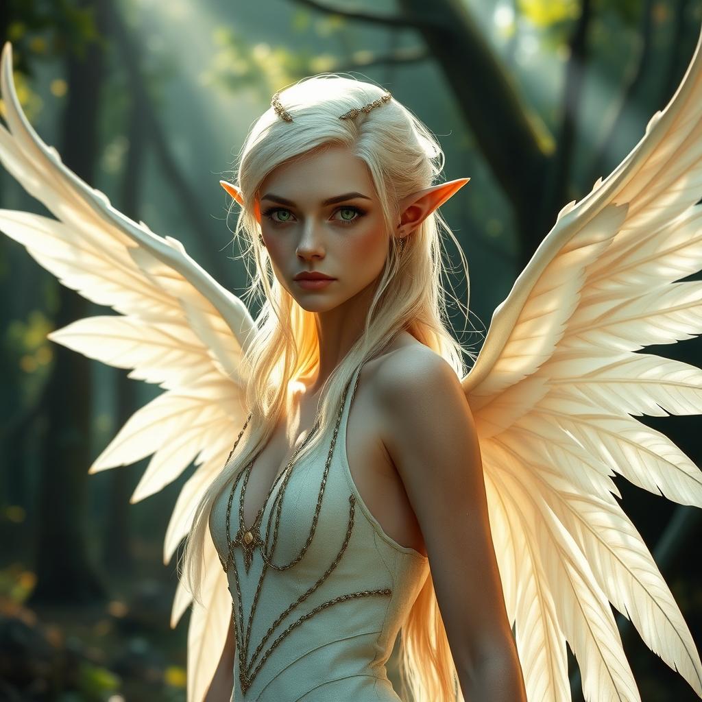 A slender fae queen who appears to be 50 years old, featuring elegant pointed ears and very light blonde hair that elegantly frames her face