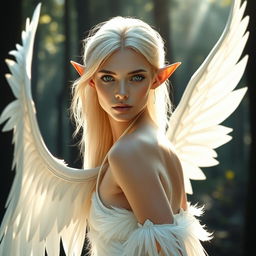 A slender fae queen who appears to be 50 years old, featuring elegant pointed ears and very light blonde hair that elegantly frames her face