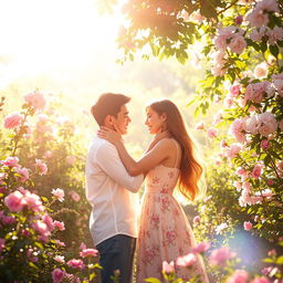 A bright and uplifting scene depicting a romantic theme of love, filled with soft pastel colors and gentle light