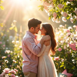 A bright and uplifting scene depicting a romantic theme of love, filled with soft pastel colors and gentle light