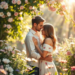 A bright and uplifting scene depicting a romantic theme of love, filled with soft pastel colors and gentle light