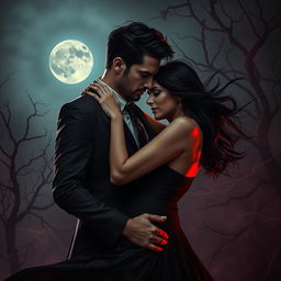 A captivating dark romance scene featuring a couple entwined in a passionate embrace under a moonlit sky