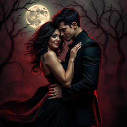 A captivating dark romance scene featuring a couple entwined in a passionate embrace under a moonlit sky