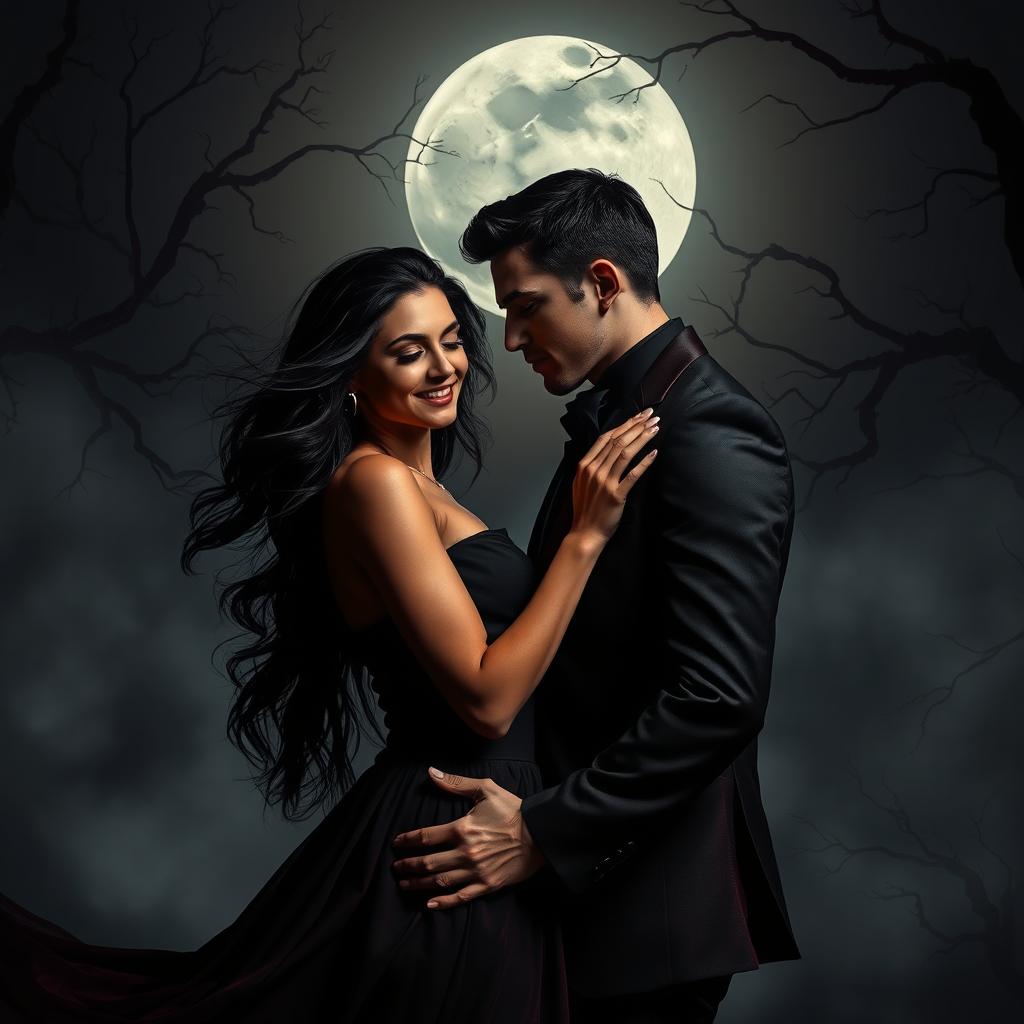 A captivating dark romance scene featuring a couple entwined in a passionate embrace under a moonlit sky