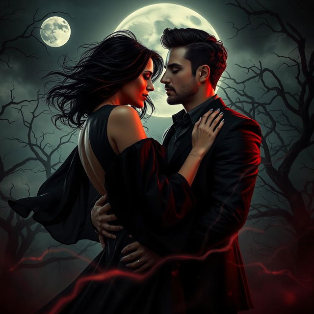 A captivating dark romance scene featuring a couple entwined in a passionate embrace under a moonlit sky