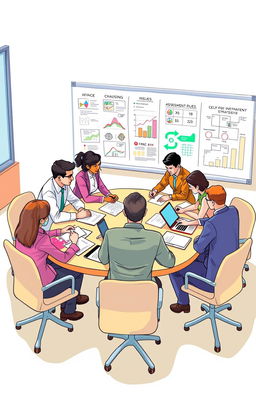 A conceptual illustration of communication risk management, featuring a diverse team of professionals discussing strategies around a large table filled with documents and digital devices, emphasizing teamwork and collaboration