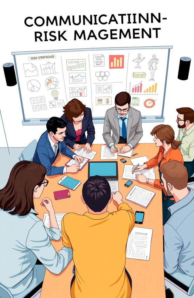 A conceptual illustration of communication risk management, featuring a diverse team of professionals discussing strategies around a large table filled with documents and digital devices, emphasizing teamwork and collaboration