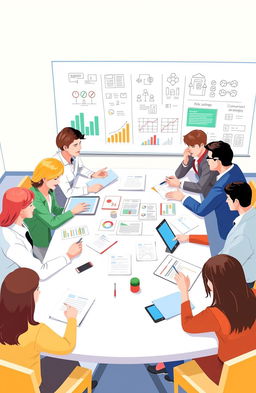 A conceptual illustration of communication risk management, featuring a diverse team of professionals discussing strategies around a large table filled with documents and digital devices, emphasizing teamwork and collaboration