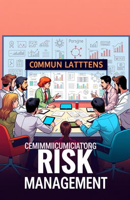 A conceptual illustration of communication risk management, featuring a diverse team of professionals discussing strategies around a large table filled with documents and digital devices, emphasizing teamwork and collaboration