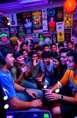 A vibrant scene of a diverse group of enthusiastic youths gathered together, immersed in playing video games