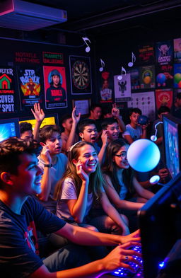 A vibrant scene of a diverse group of enthusiastic youths gathered together, immersed in playing video games