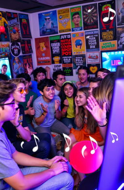 A vibrant scene of a diverse group of enthusiastic youths gathered together, immersed in playing video games