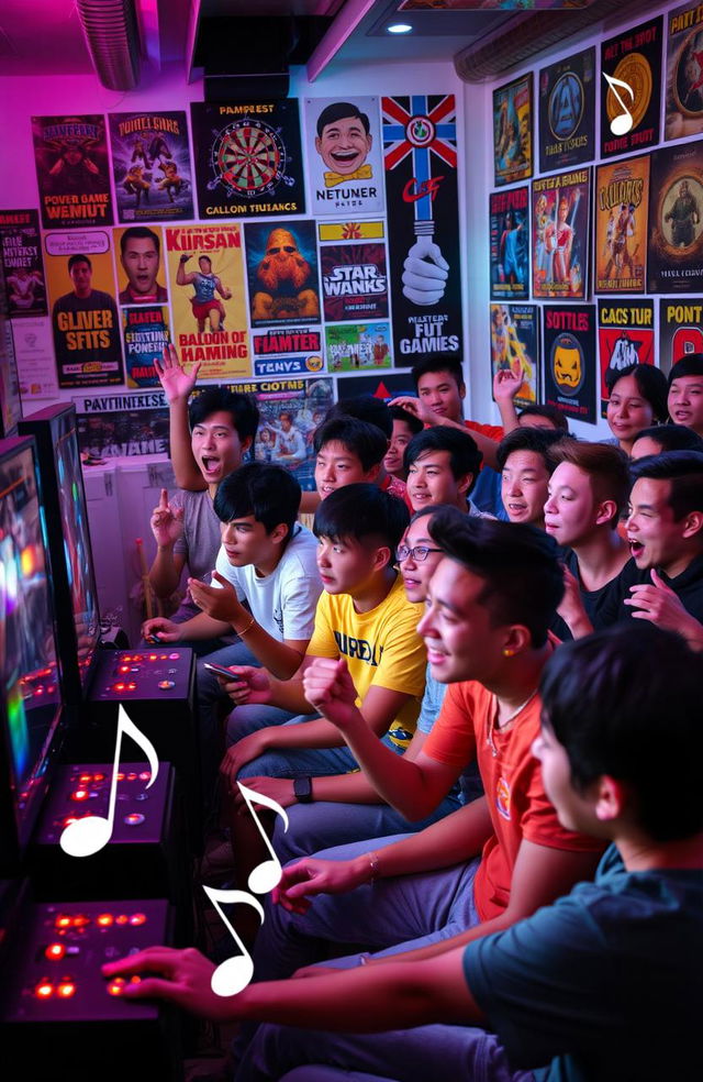 A vibrant scene of a diverse group of enthusiastic youths gathered together, immersed in playing video games