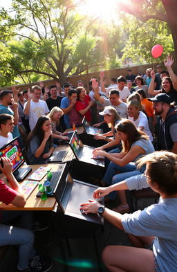 A lively outdoor scene filled with a group of enthusiastic players engaging in various video games